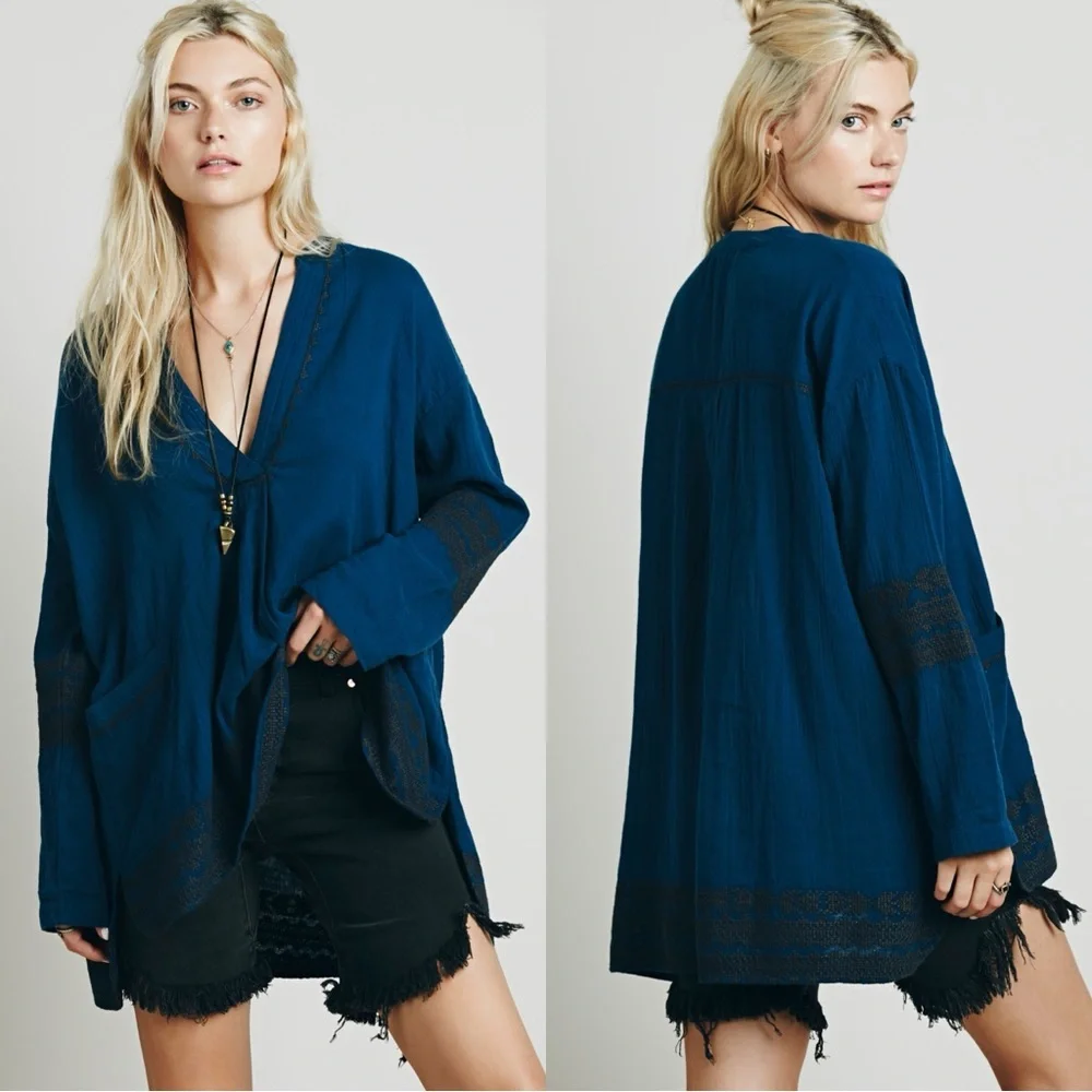 FREE PEOPLE Embroidered Teal Long Sleeve Top Shirt Tunic